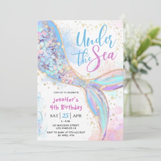 Zeemeermin 4e verjaardagsfeestje blauw onder het Z Kaart (Staand voorkant)