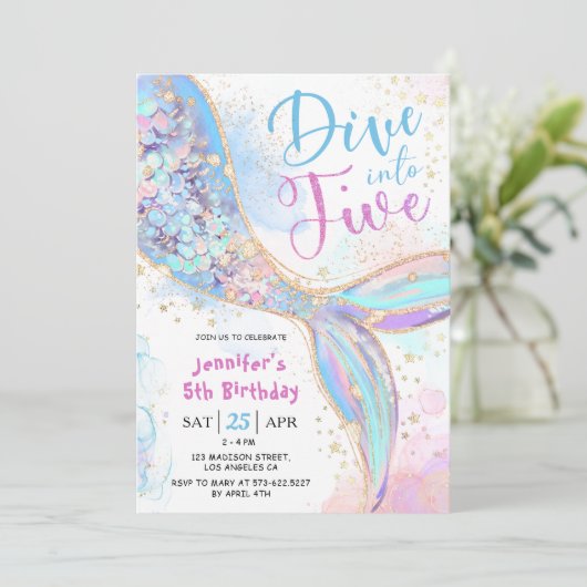 Zeemeermin 5e Verjaardag Duik In Vijf Meisjesfeest Kaart (Staand voorkant)