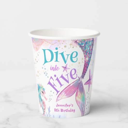 Zeemeermin 5e Verjaardag Duik in Vijf Papier Papieren Bekers (Achterkant)