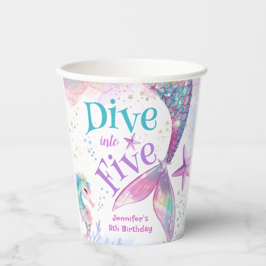 Zeemeermin 5e Verjaardag Duik in Vijf Papier Papieren Bekers (Voorkant)