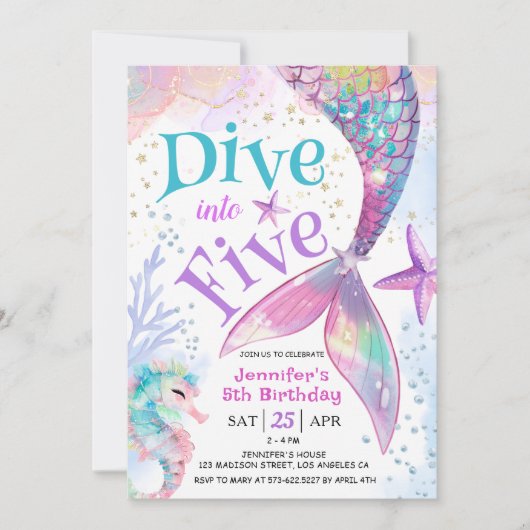 Zeemeermin 5e Verjaardag Duik in Vijf Uitnodiginge Kaart (Voorkant)