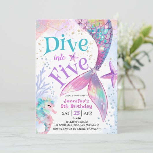 Zeemeermin 5e Verjaardag Duik in Vijf Uitnodiginge Kaart (Staand voorkant)