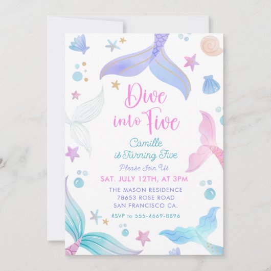 Zeemeermin 5e verjaardag duik naar vijf feest kaart (Voorkant)