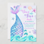 Zeemeermin 5e verjaardag duik naar vijf feest kaart (Voorkant)