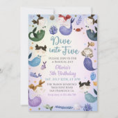 Zeemeermin 5e verjaardag duik naar vijf feest kaart (Voorkant)