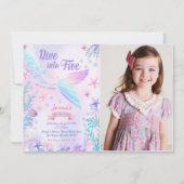 Zeemeermin 5e verjaardag duik naar vijf feestfoto kaart (Voorkant)