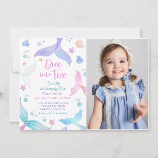 Zeemeermin 5e verjaardag duik naar vijf feestfoto kaart (Voorkant)