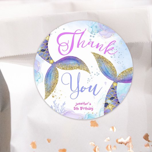 Zeemeermin 5e verjaardag meisjes blauw goud ronde sticker