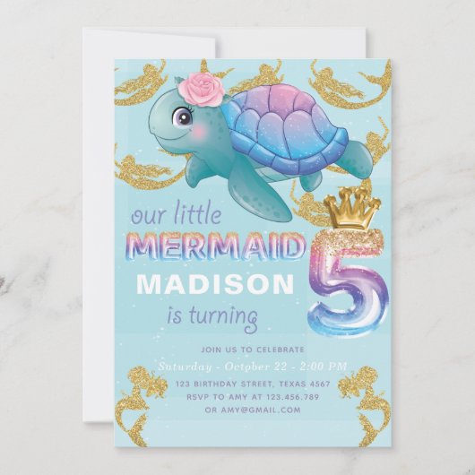 Zeemeermin 5e verjaardag roze blauw goud glitter kaart (Voorkant)