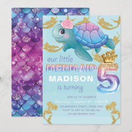 Zeemeermin 5e verjaardag roze blauw goud glitter kaart