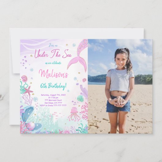 Zeemeermin 6e verjaardag foto uitnodiging (Voorkant)