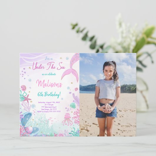 Zeemeermin 6e verjaardag foto uitnodiging (Staand voorkant)