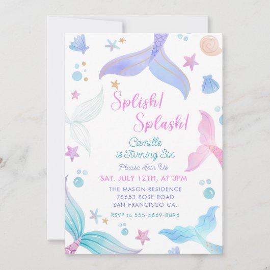 Zeemeermin 6e verjaardag meisje splish splash part kaart (Voorkant)
