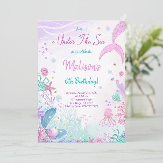 Zeemeermin 6e verjaardag uitnodiging (Staand voorkant)