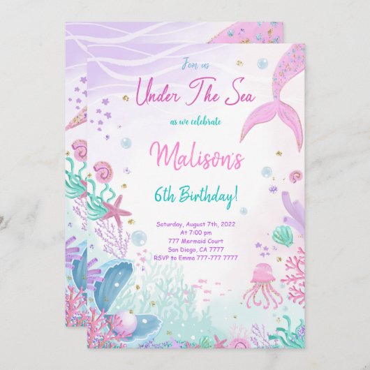 Zeemeermin 6e verjaardag uitnodiging (Voorkant / Achterkant)