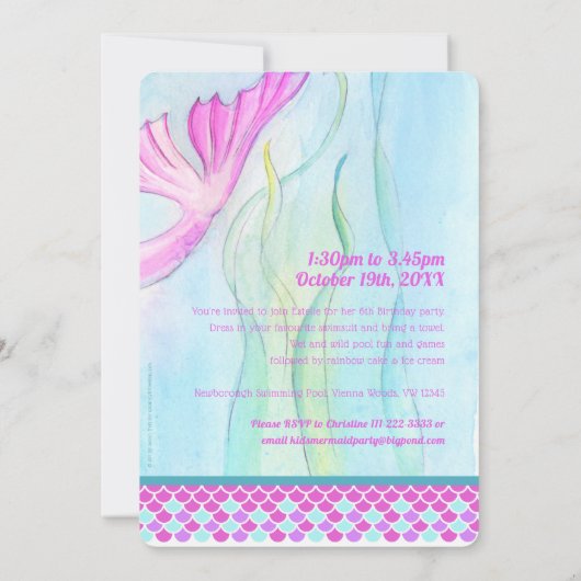 Zeemeermin 6e Verjaardag zwembad partij kunst uitn Kaart (Achterkant)