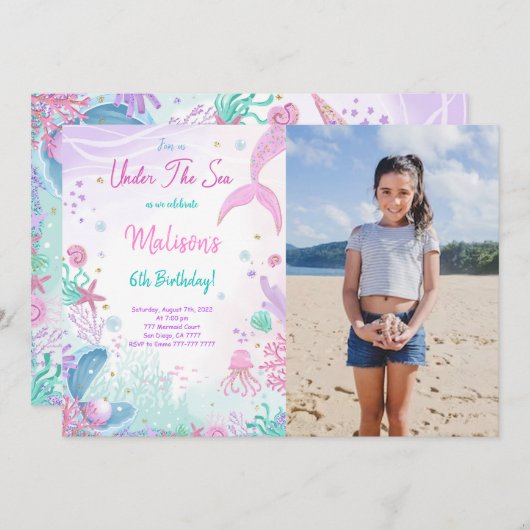 Zeemeermin 6e verjaardagsfoto uitnodiging (Voorkant / Achterkant)
