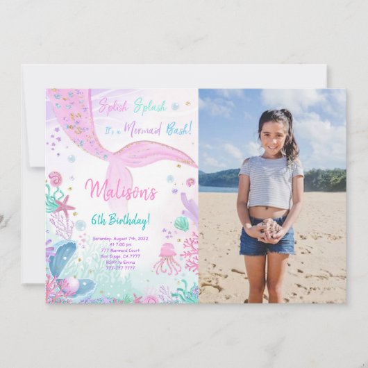 Zeemeermin 6e verjaardagsuitnodiging voor kinderen kaart (Voorkant)