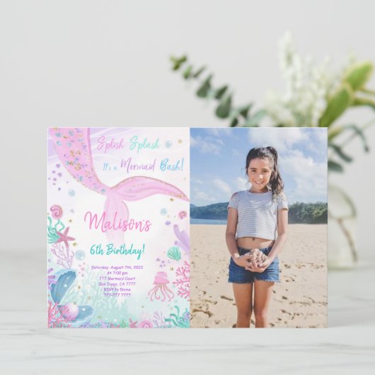 Zeemeermin 6e verjaardagsuitnodiging voor kinderen kaart (Staand voorkant)