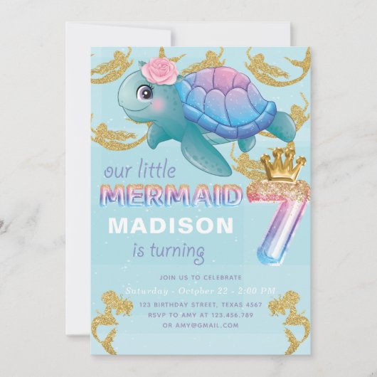 Zeemeermin 7e verjaardag roze blauw goud glitter kaart (Voorkant)