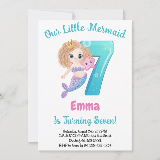 Zeemeermin 7e verjaardagsfeest uitnodiging (Voorkant)