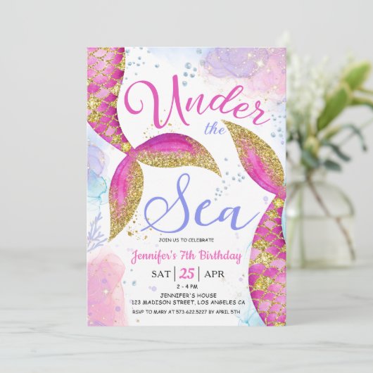 Zeemeermin 7e Verjaardagsfeestje Meisje Onder het  Kaart (Staand voorkant)