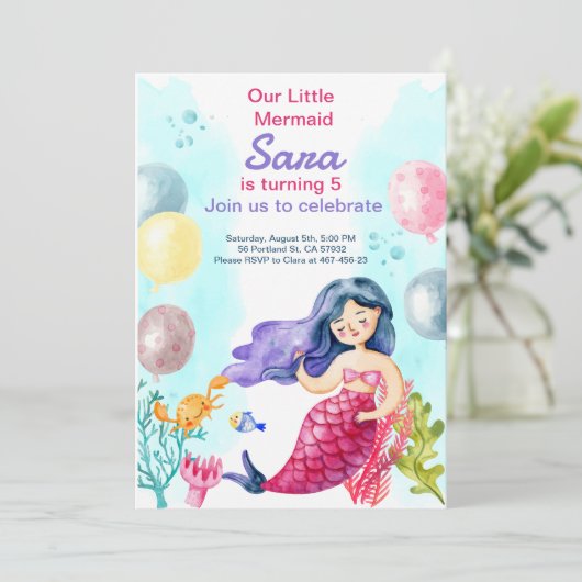 Zeemeermin afdrukbare verjaardagsuitnodiging cadea kaart (Staand voorkant)