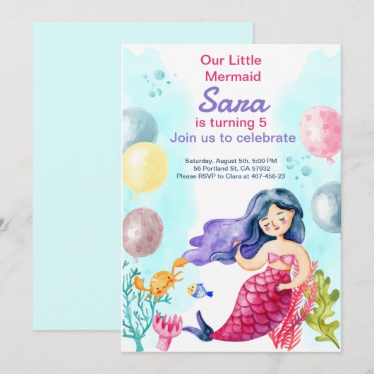 Zeemeermin afdrukbare verjaardagsuitnodiging cadea kaart (Voorkant / Achterkant)