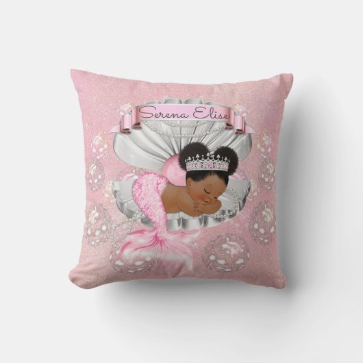 Zeemeermin Afro-Amerikaanse Baby Roze Schelp Parel Kussen (Voorkant)