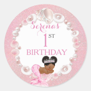 Zeemeermin Afro-Amerikaanse Baby Roze Schelp Parel Ronde Sticker