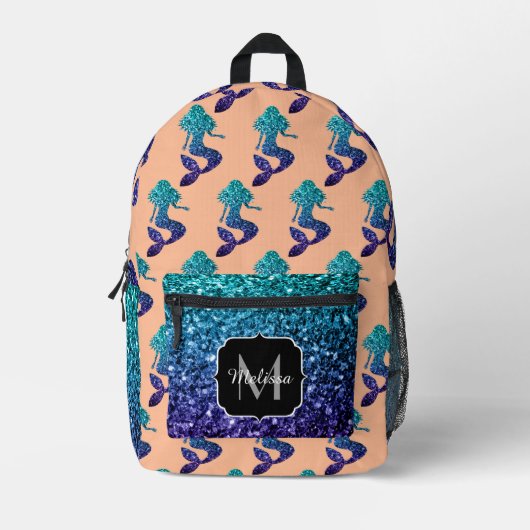 Zeemeermin aqua blauw ombre Sparkles perzik Monogr Bedrukte Rugzak (Voorkant)