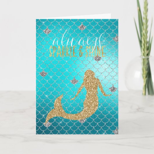 Zeemeermin Aqua Goud Zilver Glitter Kaart (Voorkant)