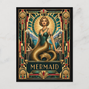 Zeemeermin, Art Deco Mythisch Briefkaart