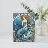 Zeemeermin Art Nouveau Aqua Blue Turquoise Art Dec Briefkaart (Staand voorkant)