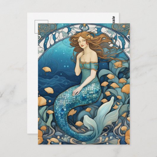 Zeemeermin Art Nouveau Aqua Blue Turquoise Art Dec Briefkaart (Voorkant / Achterkant)