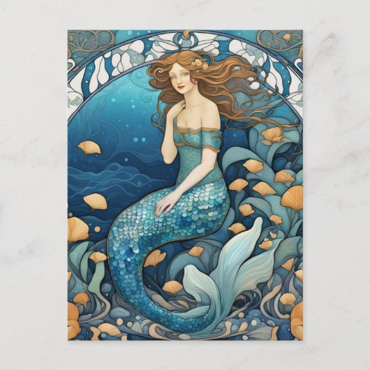 Zeemeermin Art Nouveau Aqua Blue Turquoise Art Dec Briefkaart (Voorkant)