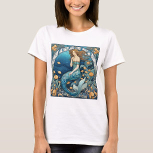 Zeemeermin Art Nouveau Aqua Blue Turquoise Art Dec T-shirt