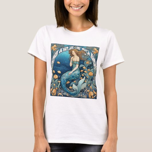 Zeemeermin Art Nouveau Aqua Blue Turquoise Art Dec T-shirt (Voorkant)