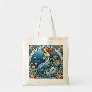Zeemeermin Art Nouveau Aqua Blue Turquoise Art Dec Tote Bag