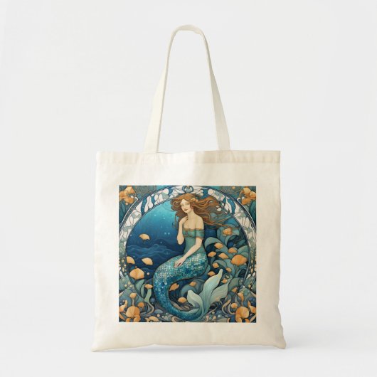 Zeemeermin Art Nouveau Aqua Blue Turquoise Art Dec Tote Bag (Voorkant)