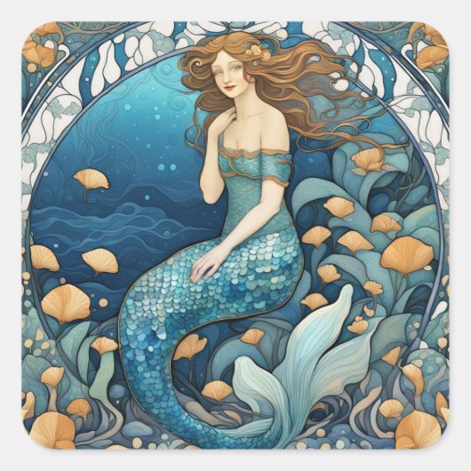 Zeemeermin Art Nouveau Aqua Blue Turquoise Art Dec Vierkante Sticker (Voorkant)