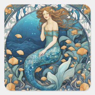 Zeemeermin Art Nouveau Aqua Blue Turquoise Art Dec Vierkante Sticker