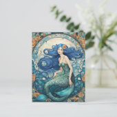 Zeemeermin Art Nouveau Art Deco Blauw Briefkaart (Staand voorkant)