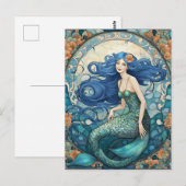 Zeemeermin Art Nouveau Art Deco Blauw Briefkaart (Voorkant / Achterkant)
