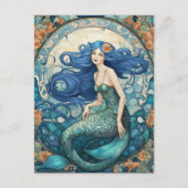  Zeemeermin Art Nouveau Art Deco Blauw Briefkaart (Voorkant)