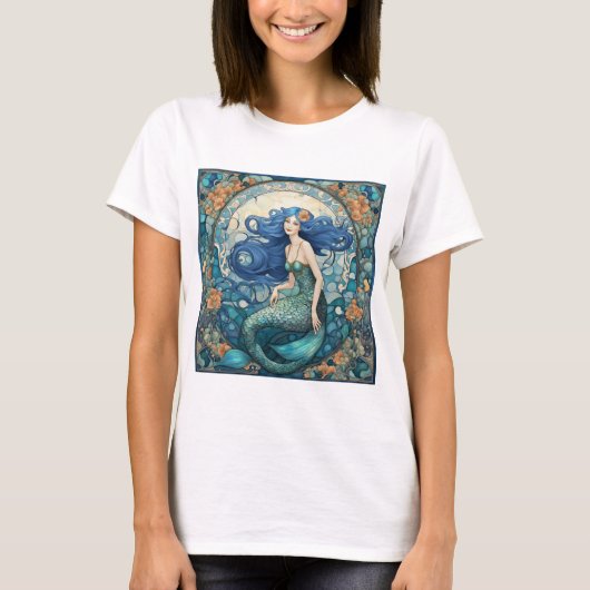 Zeemeermin Art Nouveau Art Deco Blauw T-shirt (Voorkant)