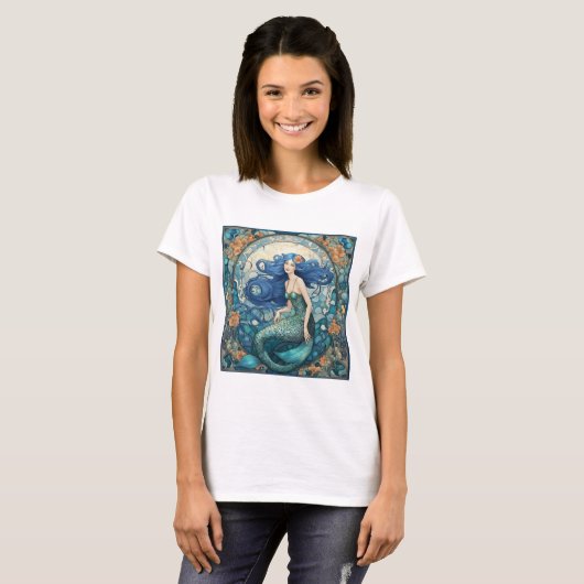  Zeemeermin Art Nouveau Art Deco Blauw T-shirt (Voorkant volledig)