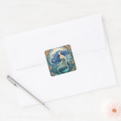  Zeemeermin Art Nouveau Art Deco Blauw Vierkante Sticker (Envelop)