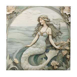 Zeemeermin Art Nouveau Faux Relief Mint Ocean Zee Tegeltje