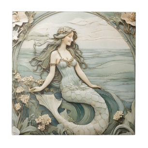 Zeemeermin Art Nouveau Faux Relief Mint R Ocean Ze Tegeltje